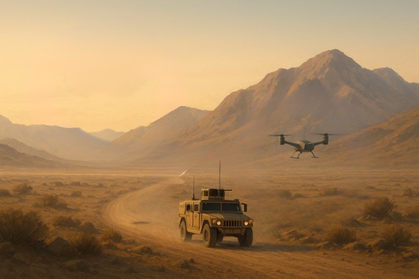 An armoured vehicle and an unmanned aircraft operating together in open desert.