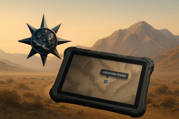 A rugged field tablet displaying a re-acquired position fix on terrain mapping.