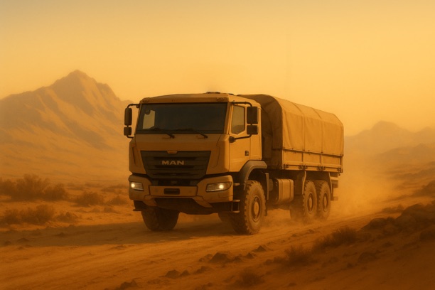 A military logistics truck moving through desert terrain in low visibility.