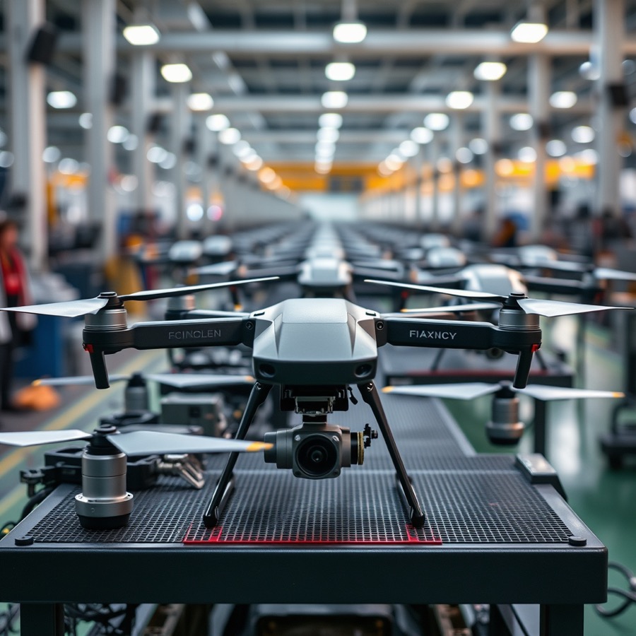 A production line of unmanned aircraft being assembled.