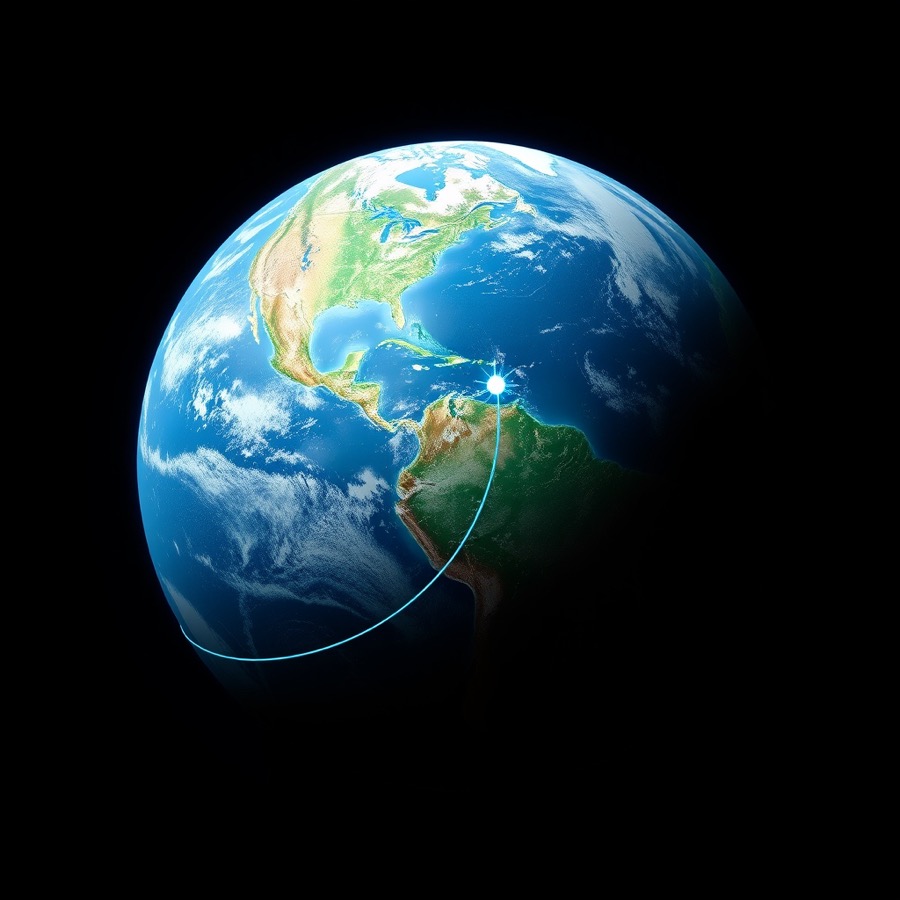 Earth from orbit with a position marker and the track leading back to it.