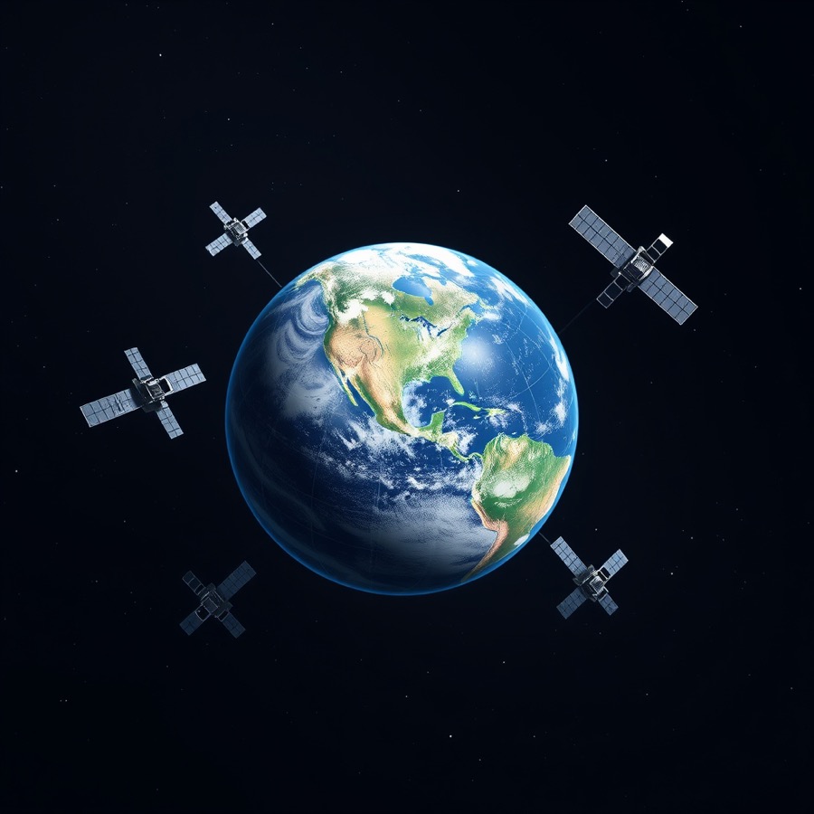 Earth viewed from orbit, ringed by navigation satellites.