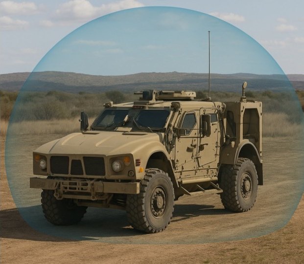An armoured vehicle operating inside a protected navigation envelope under active jamming.